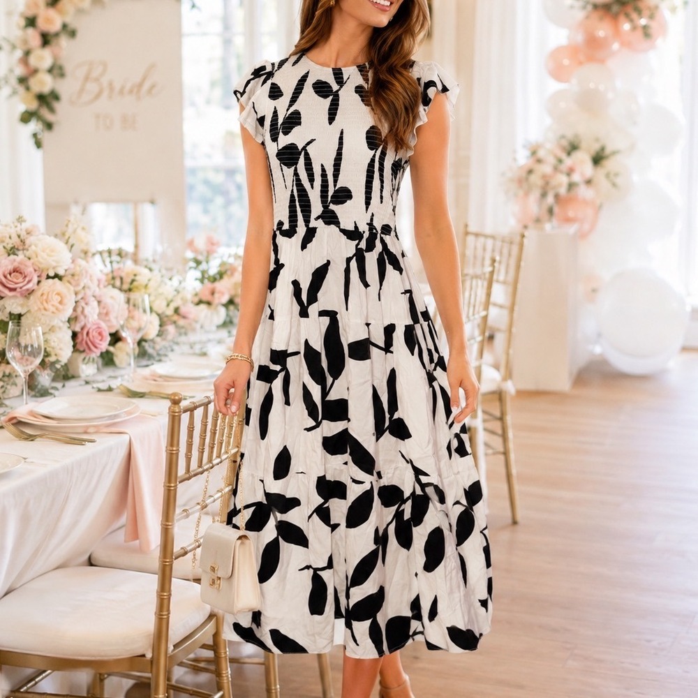LuLaRoe Grace Midi Dress Womens Medium Black White Leaf Print Smocked NWT A10